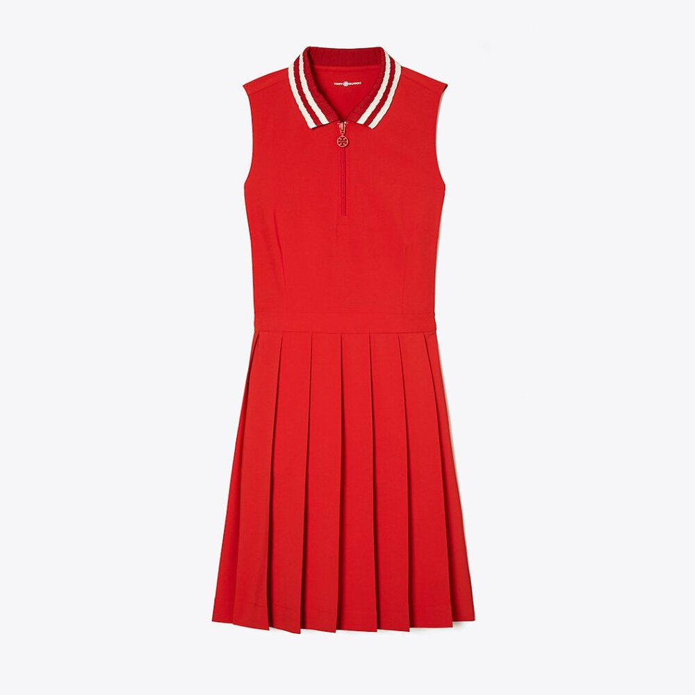 NWT TORY BURCH XS Sport Zip Collar Performance Pleated Golf Dress Gala Red